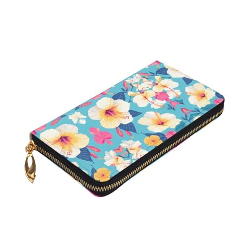 Stylish beautiful hibiscus flowers Pattern Leather Wallet - Long Clutch for Women, RDurable Material, 12 Card Slots, Zipper Compartments3