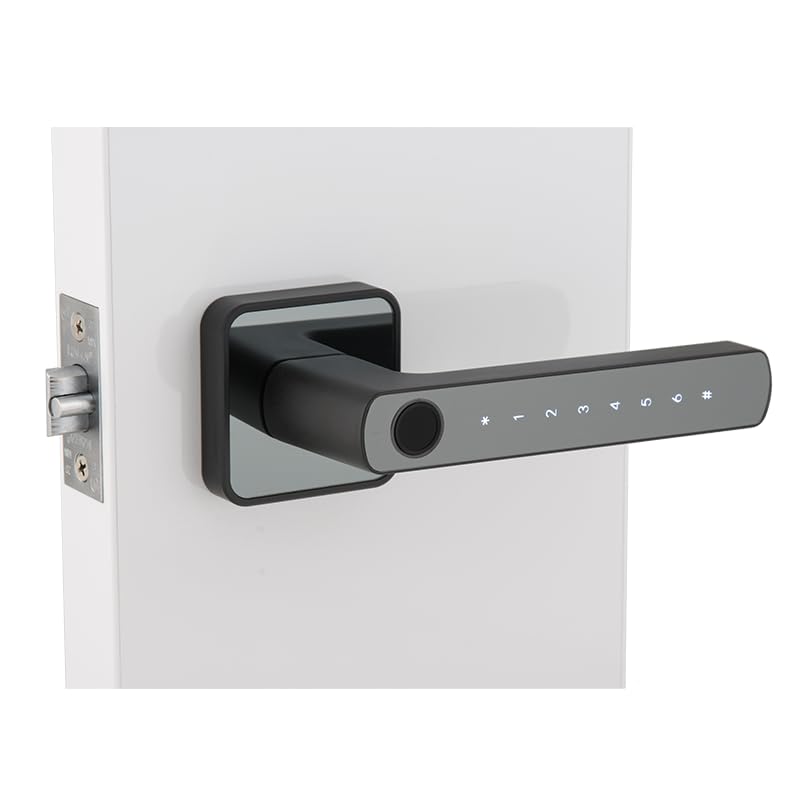Dormakaba Rose Biometric Door Lock installed on a white door, showing the exterior handle and the latch mechanism.