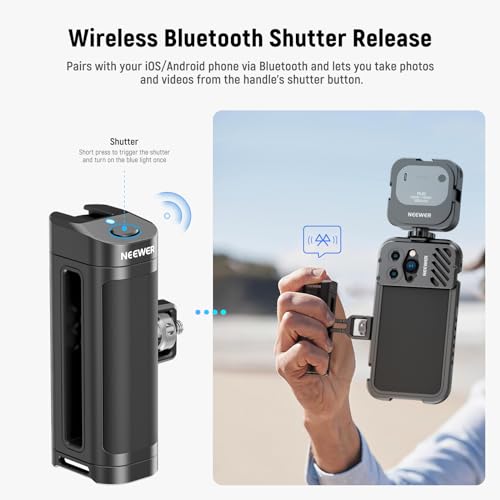 NEEWER Side Handle Grip with Wireless Remote Control Button Shutter Trigger for Smartphone Cage Video Rig 2 Mount Adapters with 1/4" Screws & Locating Pins - Image 4