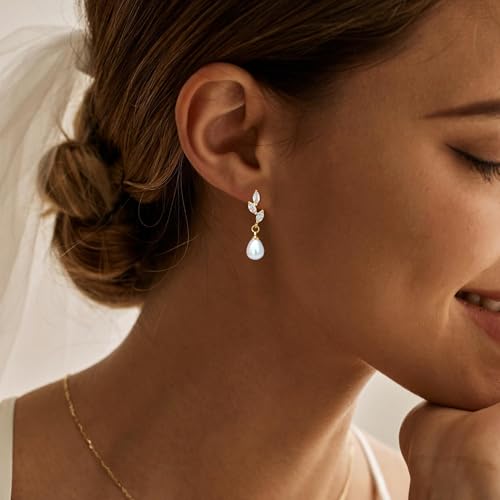 Gold Dangle Earrings for Women, 14k Pearl Drop Earrings Leaf Flower Pearl Gold Earrings for Women Trendy Cute Prom Bridal Earring Dangling Long Pearl Earring Wedding Jewelry Gift2