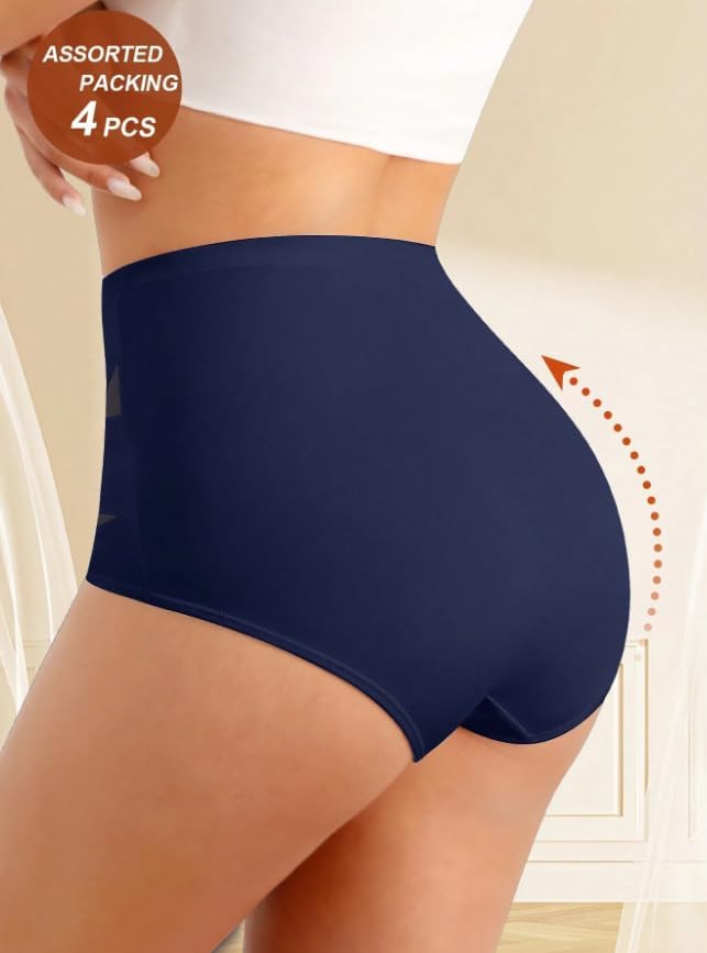 4 Piece Pack Women’s High Waisted Breathable Mesh Panties, Seamless Traceless Triangle Briefs, Soft Stretch Knitted Set