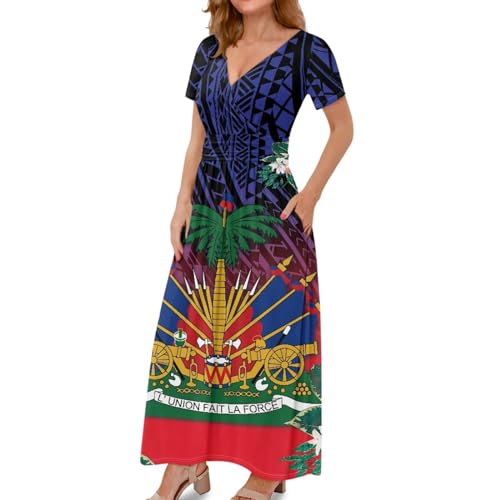 Image of Women's Fall Summer Short Sleeve Ankle Length V-Neck Party Dress with Pockets Size S-3XL