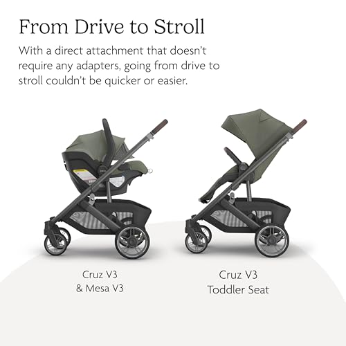 Image of UPPAbaby Cruz V3 Stroller + Mesa V3 Car Seat Travel System Combo - Toddler Seat, Bumper Bar, Bug and Rain Shields, Car Seat Base, and Infant Insert Included - Evelyn (Meadow Green)