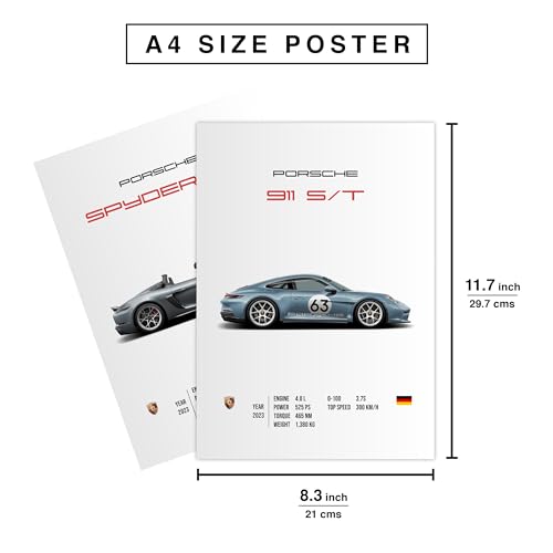 Image of CodersParadise Porsche Sports Cars Wall Posters | 8x12 Inch (A4) Prints | Supercar Wall Art for Bedroom, Living Room, Office & Dining Room | Thick Cardstock Posters + Glue Dots - Pack of 8
