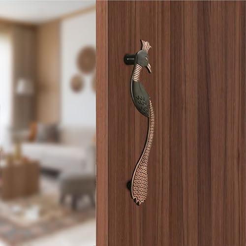 Image of Peacock Design Main Door Handle 10 Inch|Copper Antique Finish Pull Handle| Zinc Alloy Handle for Wooden & Glass Doors |Home, Office & Hotels | Hole-to-Hole 200mm | 3 Years Warranty | Set of 1