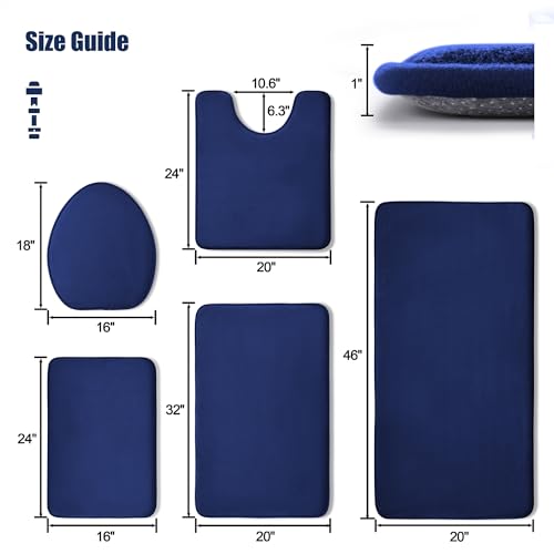 Image of YIHOUSE Bathroom Rug Set 5 Piece, Memory Foam Bath Mat Set, Super Absorbent Bath Mats for Floor - Non-Slip & Washable Bathroom Rugs - Dry Quickly Bath Rugs, Dark Blue