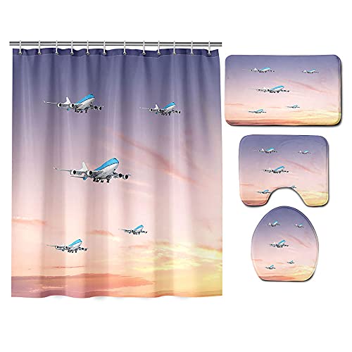 ZDDWLDL 4-Teilig Duschvorhang Set Mit Rutschfesten Teppichen Toilettendeckel Und Badematte Wasserdicht Farbfest Schimmel…