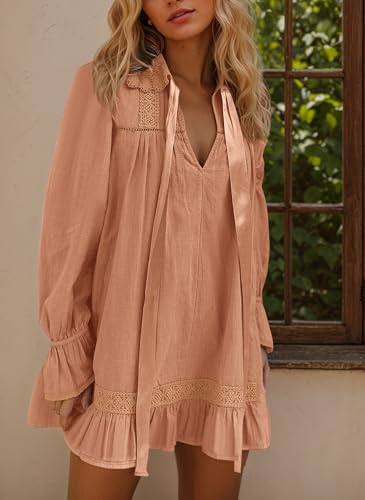 Long Sleeve Babydoll Dresses Women Fall V Neck Lace Trim Mini Dress Flowy Puff Sleeve Tie Front A-Line Tunic Dress4