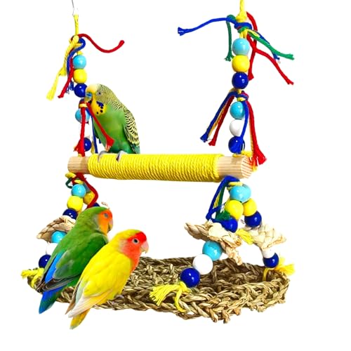 XLpeixin Parakeet Swing Toys Natural Bird Grass Mat Toys Parrot Climbing Hammock with Perch Toys for Cockatiel Sun Conure Lovebird Budgie