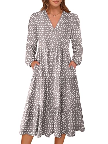 Image of ANRABESS Women's Long Lantern Sleeve Floral Midi Dresses 2026 Fall V Neck Casual Flowy A-line Tiered Boho Vacation Dress
