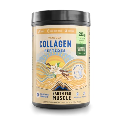 Image of Earth Fed Muscle Vanilla Collagen Peptides, Third-Party Certified. 20g Protein, Vanilla - Grass Fed, Non-GMO, Hormone Free, Gluten Free - Multi-Type - 20 Servings