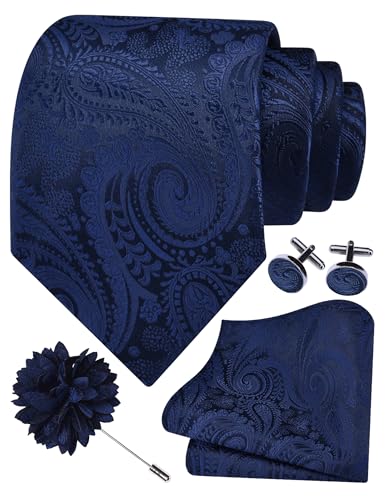 Image of GUSLESON Paisley Tie Set for Men 3.15 inch Necktie Lapel Pin Hankerchief Cufflinks Set for Men