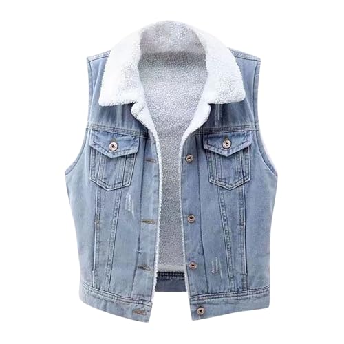Denim Vest for Women Winter Warm Fuzzy Sherpa Fleece Lined Jean Jacket Sleeveless Cowboy Coat Waistcoat Streetwear