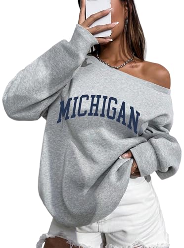 Hilinker Womens Graphic Off Shoulder Sweatshirt Oversized Pullover Cute Long Sleeve Tops Grey Michigan Large