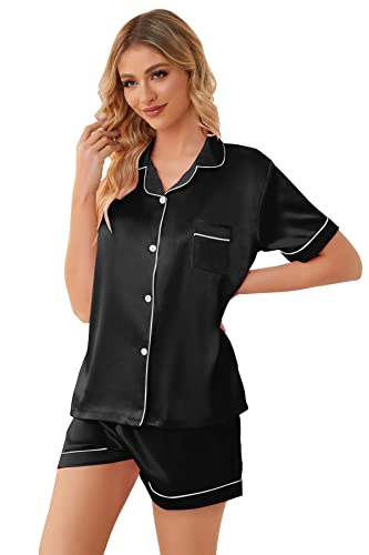 Image of Schbbbta Girls Womens Pajamas, Satin Silky Pjs Set Kids 2Pcs Button-Down Nightwear Sleepwear Gift for Mommy and me