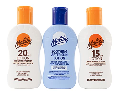 Malibu Sun Travel Essentials with Suncream Protection and Soothing Aftersun Lotion, Water Resistant, SPF 15 and 20, Multipack, 3 x 100ml
