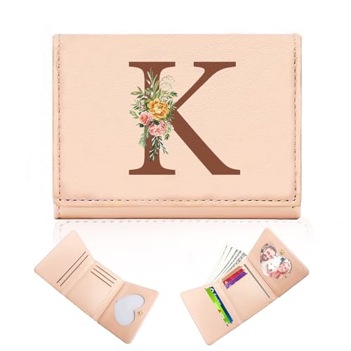 Wallet for Girls Women,Girls Wallets for Kids 8-10,Trifold Leather Teen Girl Wallet Organizer,Cute Front Pocket Wallets with 7 Card Slots & Heart ID Window,Birthday Gifts for Mom Sister Initial K