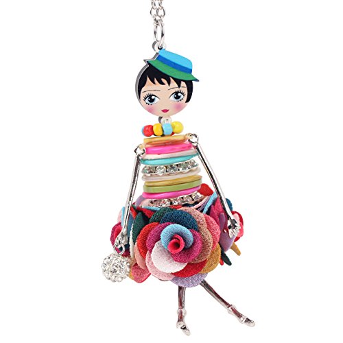 BONSNY Paris Doll Necklace Dress Handmade Pendant News Alloy Metal Crystal Flower Long Chain Fashion Jewelry2