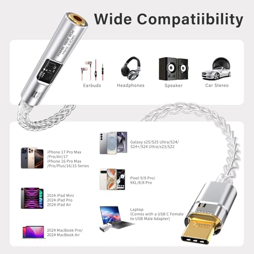 Image of USB C to 3.5mm Audio Adapter DAC with Dual Chip CX31993 MAX97220 & HiFi Headphone Amplifier Dongle,8-Strand 4N Single-Crystal Copper Cable,Compatible with iPhone /Samsung /PC Mac (Silver)