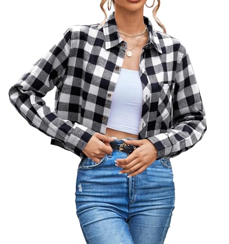 Image of SANGTREE Women and Girls Long Sleeve Flannel Casual Button Down Plaid Shirt