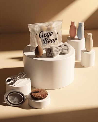 Image of Gege Bear 38-Piece Complete Beauty & Skincare Kit for Women | Spa Headband + Wrist Bands, 18 Sponges & Puffs, 8 Travel Bottles, Collapsible Brush Cleaning Tub, Eyelash Curler, Tweezers, Foundation Brush | All-in-One Makeup Starter & Travel Kit | (Baby Pink, 38 PCS)