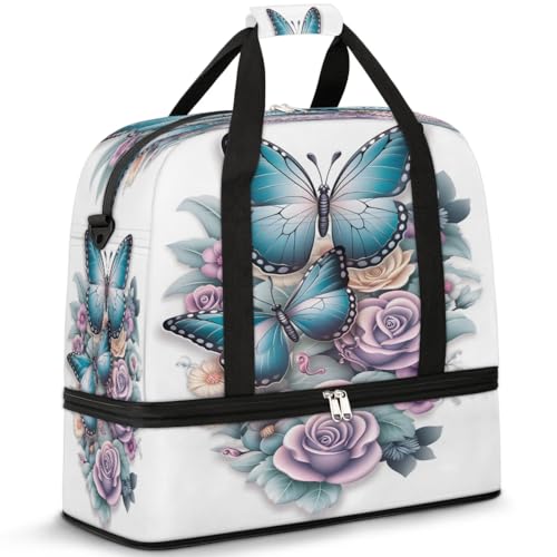 Travel Duffel Bags Floral Butterfly Foldable Weekender Bags for Women with Shoes Compartment Waterproof & Tear Resistant Carry on Overnight Luggage Duffel Bag Shoulder Sports Tote Bag