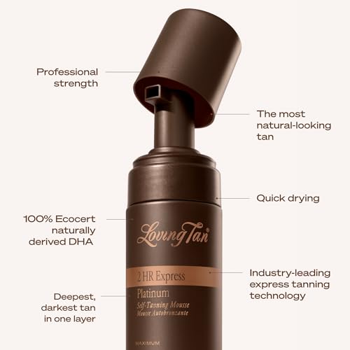 Image of Loving Tan Platinum 2HR Express Self Tanning Mousse, Darkest Shade Yet -Streak Free, Professional Quality Sunless Tanner -5+ Applications per Bottle, Naturally Derived DHA, 4 Fl Oz -Packaging May Vary