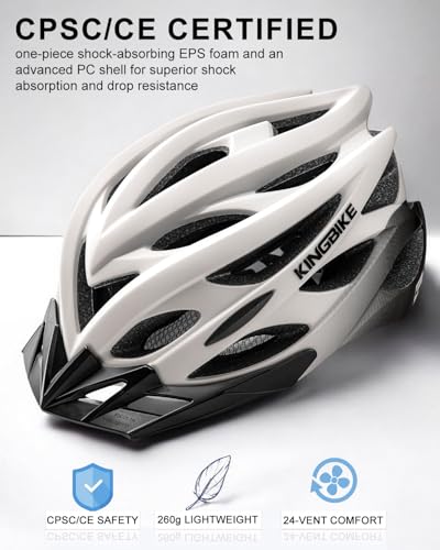 Image of KINGBIKE Bike Helmet with USB Rechargeable Light & Replacement Pads & Visor (Beige Black, M(52-56CM))