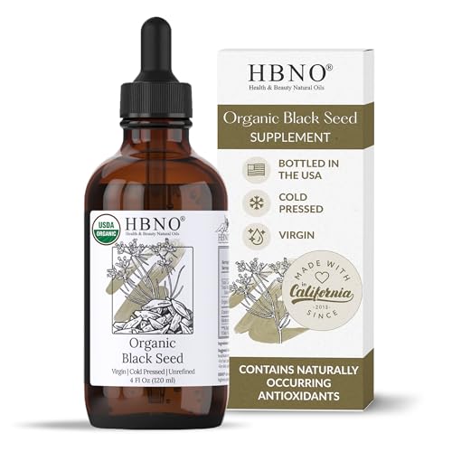 HBNO Organic Black Seed Oil - Huge 4oz (120ml) Glass Bottle Value Size - USDA Certified Organic Black Seed Oil, Cold Pressed for Face, Body, Lips, Shampoo & Conditioner