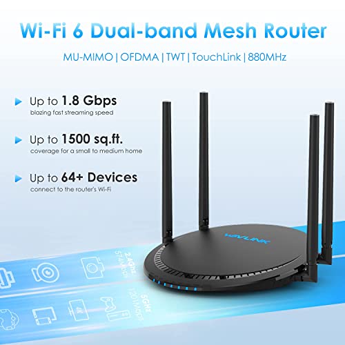 Wavlink Ax1800 Wifi 6 1800 Mbps Wireless Router, Dual Band Gigabit Wifi Internet Router With 5 Gigabit Ports For Home, Up To 1,500 Sq. Ft And 64+ Devices, Mesh Router, Touchlink, Parental Control, Qos #TOP3