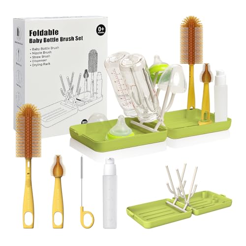 Image of YOTIME Travel Bottle Brush, Travel Bottle Cleaner Kit with Foldable Bottle Drying Rack, for Visit Friends and Relations, Baby Travel Essentials, BPA Free, Green