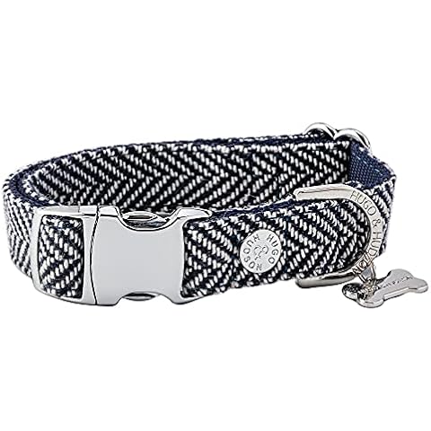 HUGO & HUDSON Tweed Dog Collar with Quick Release Safety Metal Buckle - Soft Comfortable Collars for Small, Medium & Large Dogs - Navy Herringbone - M Cover