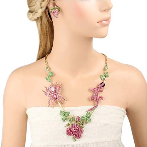 EVER FAITH Damen Schmuckset Österreichische Kristall Halloween Gecko Spinne Rose Blume Blatt Halskette Ohrringe Set