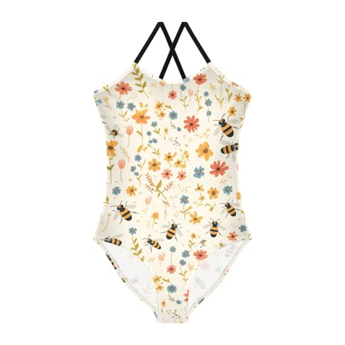 Vintage Embroidery Honey Bee with Wild Flowers Kids Girls 1-Piece Swimsuit Summer Swimwear Adjustable Strap Quick-Dry