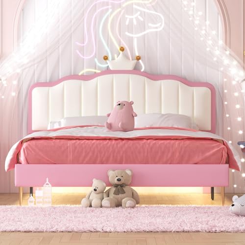 Japovker Full Size LED Princess Bed Frame with Crown Headboard,Pink PU Upholstered Platform Bed with Wood Slats Support and Metal Legs for Girls,No Box Spring Needed (Pink, Full)