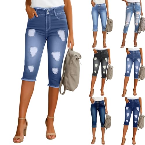 Ripped Capri Jeans for Women Stretch High Waisted Distressed Jean Capris Slim Fit Denim Pedal Pushers with Pockets