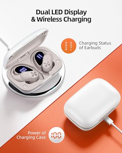 Image of PocBuds Bluetooth Headphones Wireless Earbuds 80hrs Playtime Wireless Charging Case Digital Display Sport Ear Buds with Earhook Deep Bass IPX7 Waterproof Over-Ear Earphones for Phone Laptop Beige