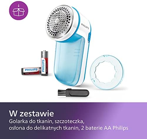 Philips Golarka do tkanin, Usuwa zmechacenia i meszek z tkanin, Produkt odpowiedni do wszystkich ubrań, W zestawie 2 baterie AA firmy Philips, kolor biało-niebieski, GC026/00