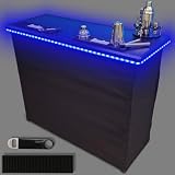 PartyLife 48' Premium Portable Bar Table w/LED Lights, Folding Legs, Black Fabric Bar Skirt, 2 Storage Shelves...