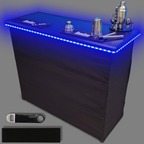 Image of PartyLife 48 inch Premium Portable Bar Table w /LED Lights, Folding Legs, Black Fabric Bar Skirt, 2 Storage Shelves & 2 Carrying Bags | Commercial Grade | Strong & Sturdy - Black