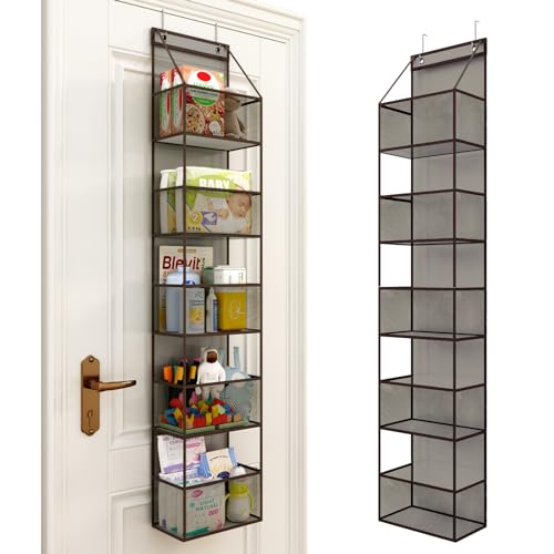 Image of Fixwal 5-shelf Over The Door Bathroom Organizer, Baby Organizers and Storage with Clear Plastic Pockets, Sturdy & Large Capacity Door Hanging Organizer for Nursery, Bedroom, Closet, Pantry (Brown)