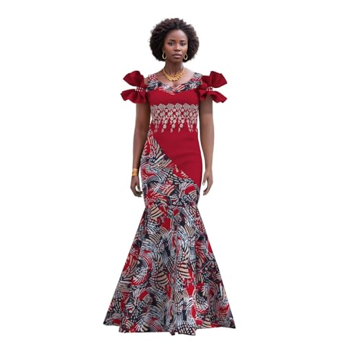 Image of iooiooi Womens Elegant Ankara Maxi Mermaid Dress Lace Decorated African Gowns