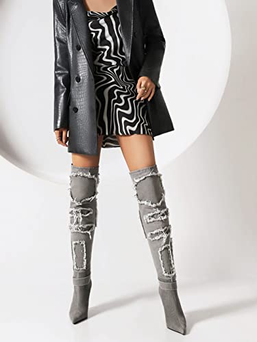 Vivianly Womens Denim Thigh High Boots Pointy Toe Long Boots Stiletto Heel Over The Knee Boots Size 9 #TOP1