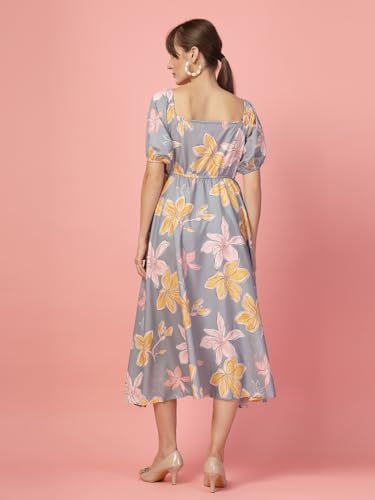Image of OOMPH! Below Knee Shift Pink Dress in Crepe Fabric with Round Neck and Puff Sleeves - md619l