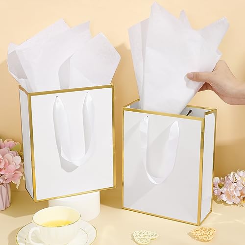 Image of Yeaqee 24 Pack Metallic Paper Gift Bag with Tissue, White Gold | with Satin Ribbon Handle and Tissue, 9x7x3.1 Inch, Suit Business, Birthday, Christmas, Thank You Return Gifts Bags