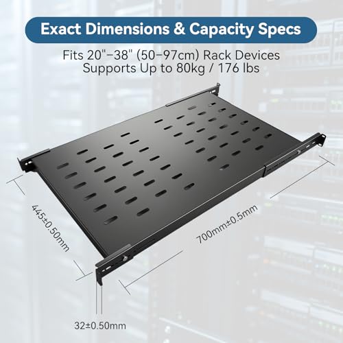 Image of Adjustable 1U Server Rack Shelf 20-38 Inch Depth, Vented Design for 4 Post Computer Racks and Cabinets, 80kg Heavy Duty Load Capacity