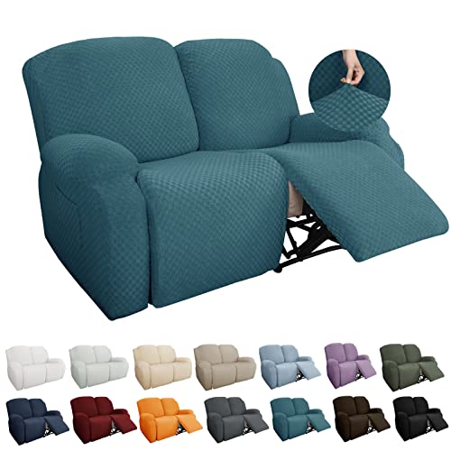 Image of YEMYHOM 6 Pieces Stretch Loveseat Recliner Slipcover Jacquard Recliner Sofa Cover with Side Pocket Fitted Recliner Cover Couch Furniture Protector with Elastic Bottom (Medium, Peacock Blue)