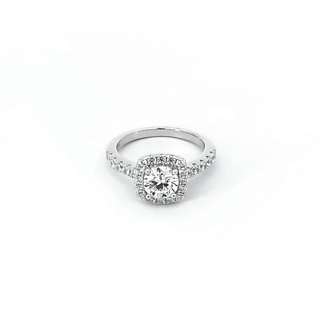 92.5 Sterling Silver Cushion Halo Solitaire Ring, Round Solitaire with Pave Band, Elegant Whites Collection, Gift for Girls, BIS Hallmarked-image-10