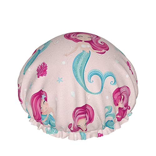 Cute Little Mermaid Pattern Luxury Shower Cap For Women Waterproof, Reusable Shower Cap For Women Peva Lining Oversized Design For All Hair Lengths 10.6 Ins In Diameter