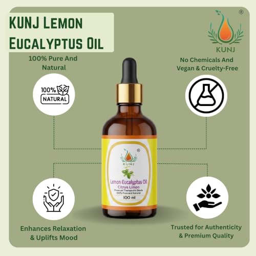 Image of KUNJ Lemon Eucalyptus Essential Oil 100ml - 100% Pure Steam Distilled Corymbia citriodora Oil for Aromatherapy, Diffuser, Spa, Home Fragrance, Fresh Citrus Aroma & DIY Beauty Blends